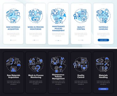 Operasyon yöneticileri karanlık, aydınlık mobil uygulama sayfası ekranında görev yapar. Konseptlerle birlikte iş gezisi 5 adım grafik talimatları. UI, UX, GUI vektör şablonu ile gece, gündüz kipi çizimleri