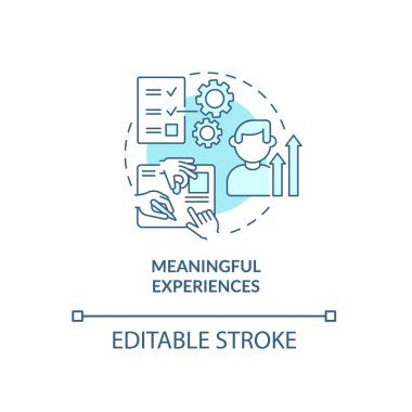 Anlamlı deneyim mavi konsept simgesi. Çalışanlar soyut fikirlerin ince çizgi çiziminden faydalanır. Büyüme ve gelişme. Takım çalışması yetenekleri. Vektör izole edilmiş dış hat renk çizimi. Düzenlenebilir vuruş