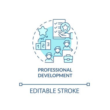 Profesyonel gelişim mavi konsept ikonu. Çalışanlar soyut fikirlerin ince çizgilerini çizerler. Anlamlı bir uzmanlık ve tecrübe. Vektör izole edilmiş dış hat renk çizimi. Düzenlenebilir vuruş