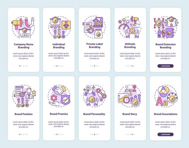 Mobil uygulama sayfa ekran seti üzerinde marka planlaması. İş stratejisi, kavramlarla birlikte 5 aşamalı grafik talimatlar içeriyor. UI, UX, doğrusal renk çizimleri olan GUI vektör şablonu