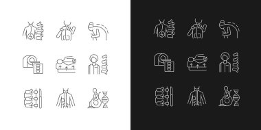 Skolyoz, karanlık ve aydınlık mod için ayarlanmış doğrusal simgelere neden olur. Omurga rahatsızlığı. Omurga cerrahi düzeltmesi. Özelleştirilebilir ince çizgi sembolleri. İzole vektör çizimi çizimleri. Düzenlenebilir vuruş