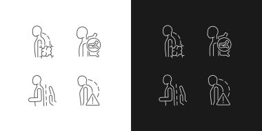 Omurga sorunları doğrusal simgeler koyu ve aydınlık moduna ayarlandı. Omurga hastalıkları ve travmalar. Patolojik skolyoz. Özelleştirilebilir ince çizgi sembolleri. İzole vektör çizimi çizimleri. Düzenlenebilir vuruş