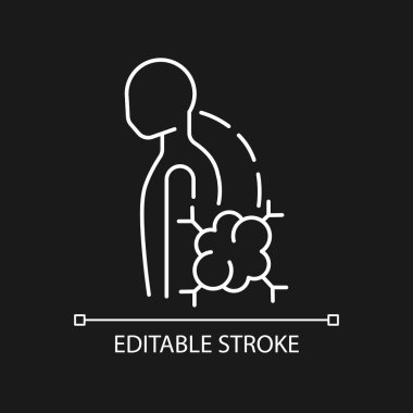 Karanlık tema için patolojik skolyoz beyaz doğrusal simge. İyi huylu kemik tümörü. Omurga yana sapması. İnce çizgi özelleştirilebilir illüstrasyon. Gece modu için izole vektör kontur sembolü. Düzenlenebilir vuruş