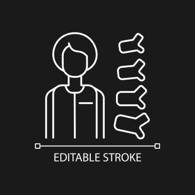 Karanlık tema için ortopedik doktor beyaz doğrusal simge. Ortopedik cerrah. Omurga hastalıkları tedavisi. İnce çizgi özelleştirilebilir illüstrasyon. Gece modu için izole vektör kontur sembolü. Düzenlenebilir vuruş