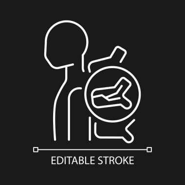 Koyu renk tema için omurilik kırığı beyaz doğrusal simge. Omurga yaralanması. Omurga çıkığı. İnce çizgi özelleştirilebilir illüstrasyon. Gece modu için izole vektör kontur sembolü. Düzenlenebilir vuruş