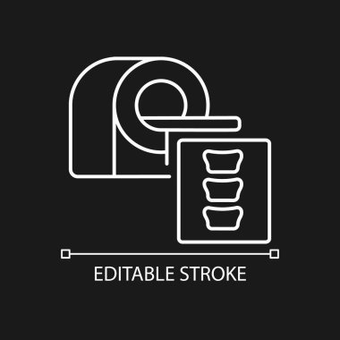 MRI, koyu renk tema için beyaz doğrusal simgeyi tarar. Hastalık testi prosedürü. Tıbbi teknoloji. İnce çizgi özelleştirilebilir illüstrasyon. Gece modu için izole vektör kontur sembolü. Düzenlenebilir vuruş