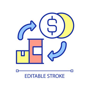 Malzeme edinme RGB renk simgesi. İş alımı. Üretim için satın alma malzemeleri. Ürünler için harcamalar. İzole vektör çizimi. Basit bir çizgi çizimi. Düzenlenebilir vuruş