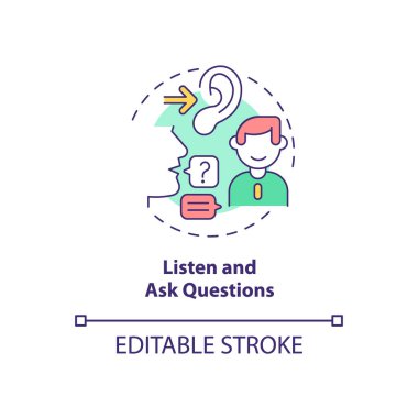 Dinle ve soru sor konsept ikonu. İş görüşmesi hazırlığı soyut fikir ince çizgi çizimi. Soruları cevapla Cevap ver. Vektör izole edilmiş dış hat renk çizimi. Düzenlenebilir vuruş