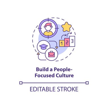 İnsanları odaklanmış kültür konsepti ikonu haline getirmek. Yetenekleri, soyut fikirleri ince çizgi çizimlerini çeker. Rahat bir çalışma ortamı. Değerli çalışanlar. Vektör izole edilmiş dış hat renk çizimi. Düzenlenebilir vuruş