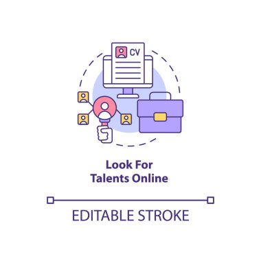 Çevrimiçi konsept ikonu yetenekleri ara. Çekici yetenekler soyut fikirler ince çizgi çizimleri. Sosyal medyada adaylar arıyor. Vektör izole edilmiş dış hat renk çizimi. Düzenlenebilir vuruş