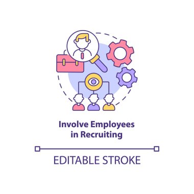 Çalışanları konsept ikonuna dahil et. Yüksek yetenekler, soyut fikirler, ince çizgiler. Çalışanlar için yönlendirme programı. Vektör izole edilmiş dış hat renk çizimi. Düzenlenebilir vuruş