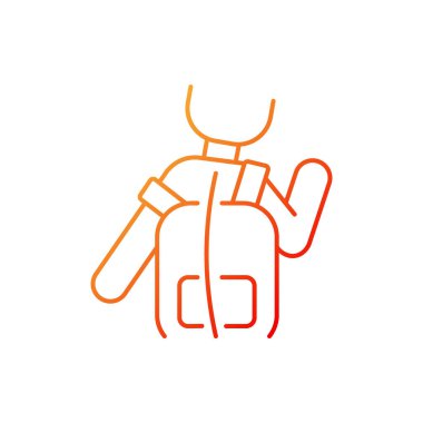 Yanlış gradyan doğrusal vektör simgesi kullan. Skolyoz nedeni. Sırt çantası ters takılmış. Duruş deformasyonu gelişimi. İnce çizgi renk sembolü. Modern tarz pictogram. Vektör izole çizimi