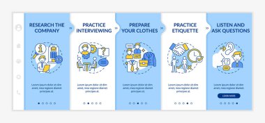Röportaj için vektör şablonu hazırlanıyor. Simgeli ilgili mobil web sitesi. Web sayfasında 5 basamaklı ekranlar. Doğrusal çizimlerle görev konumu renk kavramı