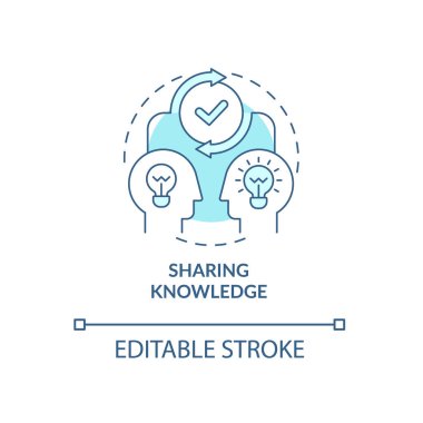 Bilgi aktarım konsepti simgesi. Bilgi alışverişi. Yetenek paylaşımı. Soyut fikirleri öğrenmek ve öğretmek ince çizgi çizimi. Vektör izole edilmiş dış hat renk çizimi. Düzenlenebilir vuruş