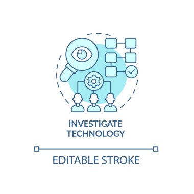 Teknoloji konsepti ikonu uygula. Sorun araştırması. Yenilikçi çözüm, soyut fikir, ince çizgi çizimi. Vektör izole edilmiş dış hat renk çizimi. Düzenlenebilir vuruş