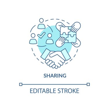Konsept simgesini paylaşıyoruz. Personel işbirliği. Çalışanların takım çalışması. Organizasyondaki bilgi yayılımı soyut fikir ince çizgi çizimi. Vektör izole edilmiş dış hat renk çizimi. Düzenlenebilir vuruş