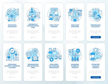 Teknoloji yayılımı mobil uygulama sayfası ekranında. Bilgi paylaşımı kavramlarla birlikte 5 adım grafik talimatlar. UI, UX, doğrusal renk çizimleri olan GUI vektör şablonu