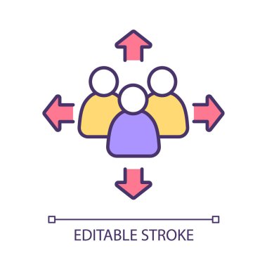 Müşteri tabanı RGB renk simgesi genişletiliyor. Topluluk içinde iletişim ve iletişim kurmak. Başarılı pazarlama stratejisi. İzole vektör çizimi. Basit bir çizgi çizimi. Düzenlenebilir vuruş