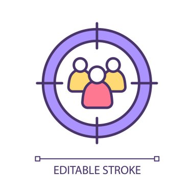 Hedef kitle RGB renk simgesi. Müşteri tabanı aranıyor. Odaklanmış pazarlama stratejisi. Müşterilere ve tüketicilere tanıtım. İzole vektör çizimi. Basit bir çizgi çizimi. Düzenlenebilir vuruş