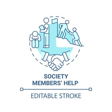 Toplum üyeleri mavi konsept ikonuna yardım eder. Sosyal girişimciliğin soyut fikir ince çizgili illüstrasyondan yararlandığı. Destek veren bir grup insan. Vektör izole edilmiş dış hat renk çizimi. Düzenlenebilir vuruş