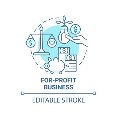 Kar amaçlı mavi konsept ikonu. Sosyal girişimcilik türünde soyut bir fikir ince çizgi çizimi. Ticari ve hayır kurumu. Vektör izole edilmiş dış hat renk çizimi. Düzenlenebilir vuruş