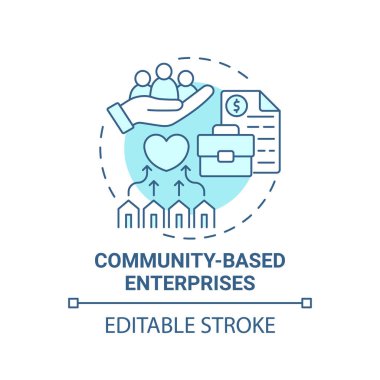 Toplum temelli işletmeler mavi konsept ikonu. Sosyal girişimcilik soyut fikir ince çizgi çizimi. Sosyal sorunların çözümlerine odaklanmış. Vektör izole edilmiş dış hat renk çizimi. Düzenlenebilir vuruş