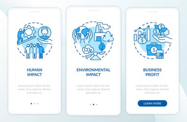 Mobil uygulama ekranında sosyal girişimcilik başarısı ölçümü mavi. Kavramlarla birlikte 5 aşamalı grafik talimatlar. UI, UX, doğrusal renk çizimleri olan GUI vektör şablonu
