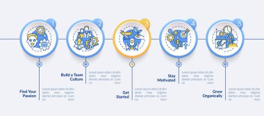 Sosyal girişimcilik vektör bilgi şablonu başlatma adımları. Sunum tasarım elementleri. Veri görselleştirmesi 5 adımda. İşlem zaman çizelgesi bilgi şeması. Satır simgeleriyle çalışma akışı düzeni