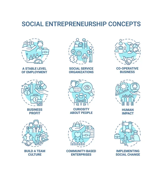社会企业家蓝色概念图标设置 社会组织思想细线彩图 商业发展 慈善和支持 矢量孤立的轮廓图 可编辑笔划 — 图库矢量图片