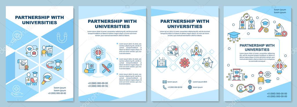 Partnership with universities brochure template. Career opportunity. Flyer, booklet, leaflet print, cover design with linear icons. Vector layouts for presentation, annual reports, advertisement pages