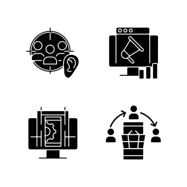 Beyaz uzaya dizilmiş dijital yeterlilik simgeleri elde ediliyor. Aktif dinleme. İnternetten bilgi topluyorum. UX tasarımı. Sosyal medya yönetimi. Siluet sembolleri. Vektör izole illüstrasyonu