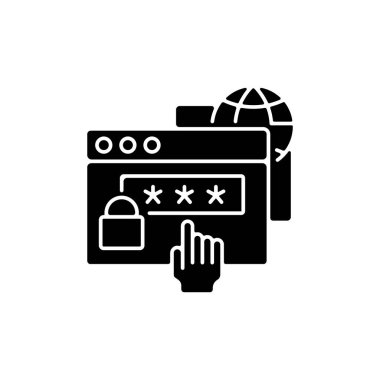 Dijital temel becerileri siyah kabartma simgesi. Temel bilişim becerilerini kazanmak. Şifreleri ve kişisel bilgileri güvende tutmak. Temel beceriler. Beyaz uzayda siluet sembolü. Vektör izole illüstrasyonu