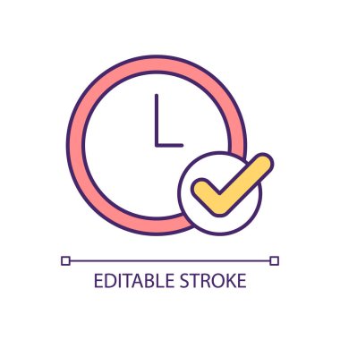 Dakiklik RGB renk simgesi. Zamanında varmak. Geç kalmayın. Doğru ve kesin bir zaman. Saat suratlı. Teslim tarihine yetişiyor. Röportaj zamanında. İzole vektör çizimi. Basit doldurulmuş çizgi çizimi