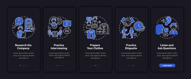 Mobil uygulama ekranında iş görüşmesine hazırlanılıyor. 5 aşamalı grafik talimatları kavramlarla uygulayın. UI, UX, doğrusal gece kipi çizimleri ile GUI vektör şablonu