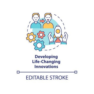 Hayat değiştiren yenilikler konsept simgesi geliştiriyorum. Hayat kurtaran teknoloji. Sosyal değeri olan soyut fikri ince çizgi çizimi olan bir icat. Vektör izole edilmiş dış hat renk çizimi. Düzenlenebilir vuruş