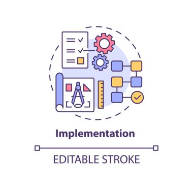 Uygulama konsepti simgesi. Yeni teknolojik çözümler entegrasyonu. İdam planı. Proje gerçekleştirme soyut fikir ince çizgi çizimi. Vektör izole edilmiş dış hat renk çizimi. Düzenlenebilir vuruş