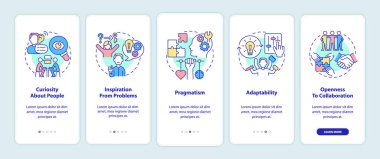 Mobil uygulama sayfası ekranında sosyal girişimciliğin özellikleri. Kavramlarla birlikte 5 aşamalı grafik talimatlar. UI, UX, doğrusal renk çizimleri olan GUI vektör şablonu