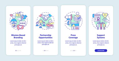 Gezici uygulama sayfası ekranında sosyal girişimcilik için avantajlar. 4 aşamalı grafik talimatlar ve kavramlarla yürüyün. UI, UX, doğrusal renk çizimleri olan GUI vektör şablonu