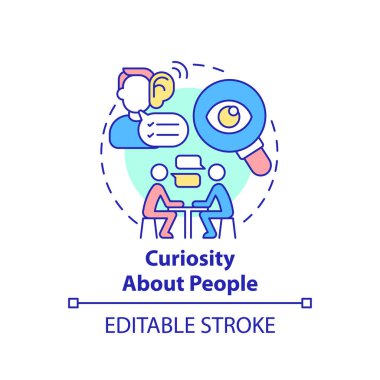 İnsanların konsept ikonu hakkındaki merak. Girişimci karakteristik soyut fikir ince çizgi çizimi. Sosyal sorunları ve sorunları araştırın. Vektör izole edilmiş dış hat renk çizimi. Düzenlenebilir vuruş