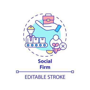 Sosyal firma konsept ikonu. Toplumsal girişimci soyut fikir ince çizgi çizimi. İşverimlilik. Engelli işyeri çalışanlarına teklif et. Vektör izole edilmiş dış hat renk çizimi. Düzenlenebilir vuruş