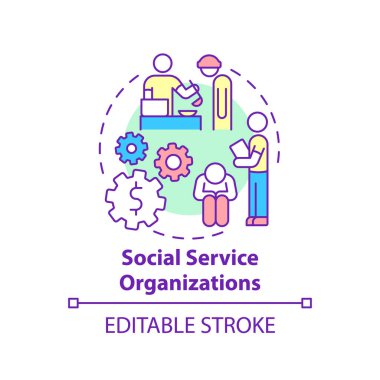 Sosyal Hizmetler Teşkilatı konsept ikonu. Sosyal girişimcilik soyut fikir ince çizgi çizimine odaklanıyor. İhtiyacı olan insanları destekleyin. Hayırseverlik. Vektör izole edilmiş dış hat renk çizimi. Düzenlenebilir vuruş
