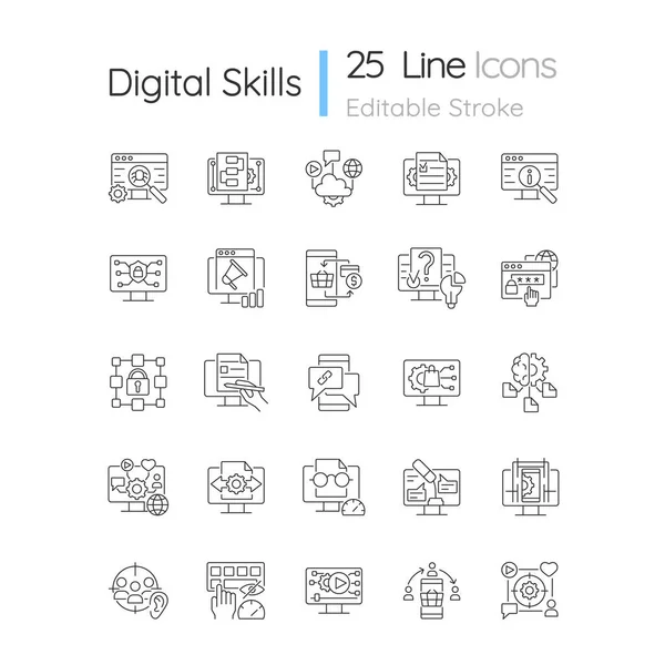 Conjunto Ícones Lineares Habilidades Digitais Ganhando Competências Alfabetização Era Digital — Vetor de Stock