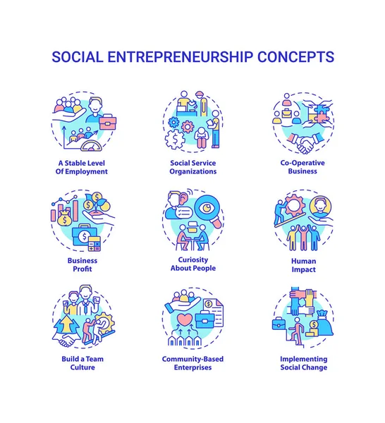 Набір Іконок Концепції Соціального Підприємництва Соціальні Організації Ідея Тонкої Лінії — стоковий вектор