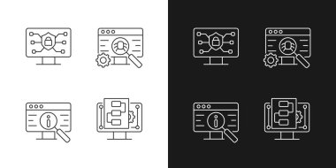 Karanlık ve aydınlık mod için dijital teknolojilerin doğrusal simgelerinin kullanımı. Çevrimiçi olarak güvende. Yazılım testi. Özelleştirilebilir ince çizgi sembolleri. İzole vektör çizimi çizimleri. Düzenlenebilir vuruş