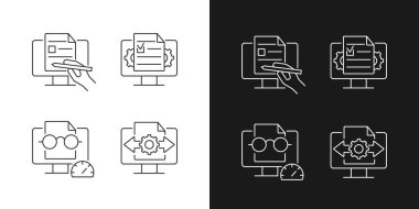 Belge yönetimi doğrusal simgelerinde karanlık ve aydınlık kipi için yeterlilik ayarlandı. Dijital yazı. Hızlı okuma. Özelleştirilebilir ince çizgi sembolleri. İzole vektör çizimi çizimleri. Düzenlenebilir vuruş