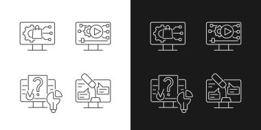 Karanlık ve aydınlık moduna ayarlanmış dijital teknoloji doğrusal simgeleriyle bağlantı kuruyorum. Ürün geliştirme. Sosyal medya. Özelleştirilebilir ince çizgi sembolleri. İzole vektör çizimi çizimleri. Düzenlenebilir vuruş