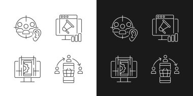 Karanlık ve aydınlık moduna ayarlanmış dijital yeterlilik doğrusal simgeleri alınıyor. Aktif dinleme. İnternette bilgi arıyorum. Özelleştirilebilir ince çizgi sembolleri. İzole vektör çizimi çizimleri. Düzenlenebilir vuruş