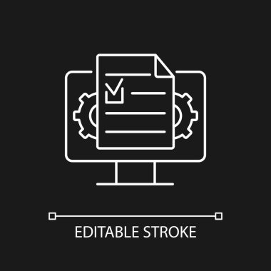 Koyu tema için belge yönetimi beyaz doğrusal simgesi. Çevrimiçi belgeler oluşturuluyor ve düzenleniyor. İnce çizgi özelleştirilebilir illüstrasyon. Gece modu için izole vektör kontur sembolü. Düzenlenebilir vuruş