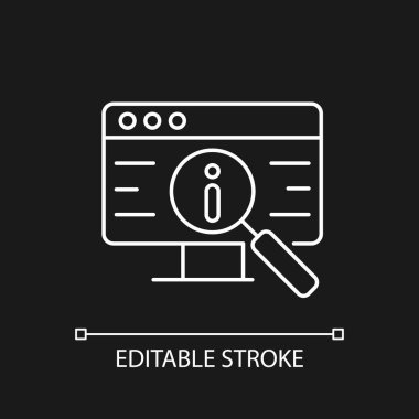 Karanlık tema için çevrimiçi beyaz doğrusal simge araştırılıyor. İnternet üzerinden veri topla. İnce çizgi özelleştirilebilir illüstrasyon. Gece modu için izole vektör kontur sembolü. Düzenlenebilir vuruş