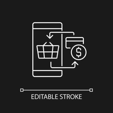 Karanlık tema için dijital işlem yapan beyaz doğrusal simge. E-ticaret ödeme sistemi. Mallar için ödeme yapmak. İnce çizgi özelleştirilebilir illüstrasyon. Gece modu için izole vektör kontur sembolü. Düzenlenebilir vuruş